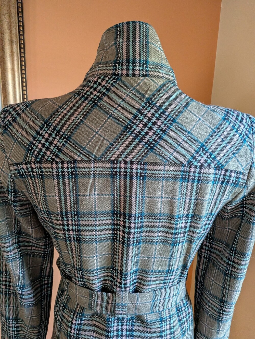 Plaid Ruffle Belted Trench Coat - Blue/Gray - Picture 3 of 11